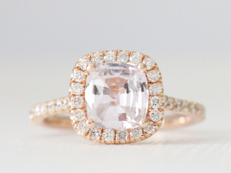 Rose Gold Peachy Pink Stone Cushion Cut Engagement Ring with Double Halo