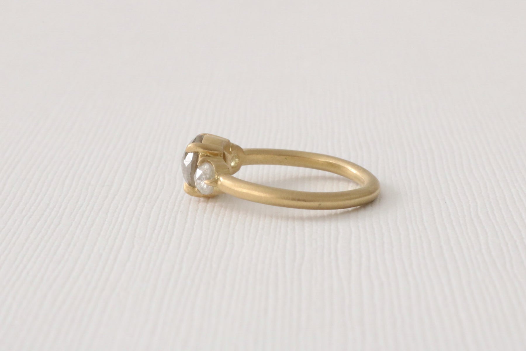 3 Stone Rose Cut Gray Diamond Bezel Ring in 18K Matte Finish Yellow Go ...